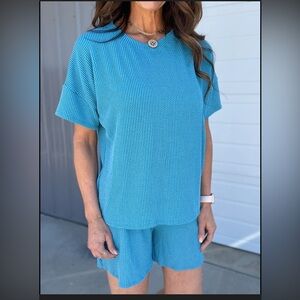 Blumin Brand blue corded ribbed or waffle knit top with shorts PJ set size xl